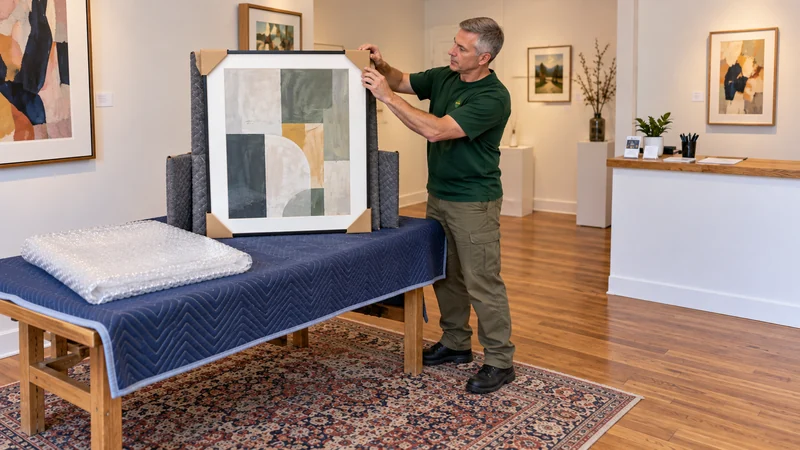 Describe the frame and protection A mover fitting corner protection to a framed artwork before gallery collection