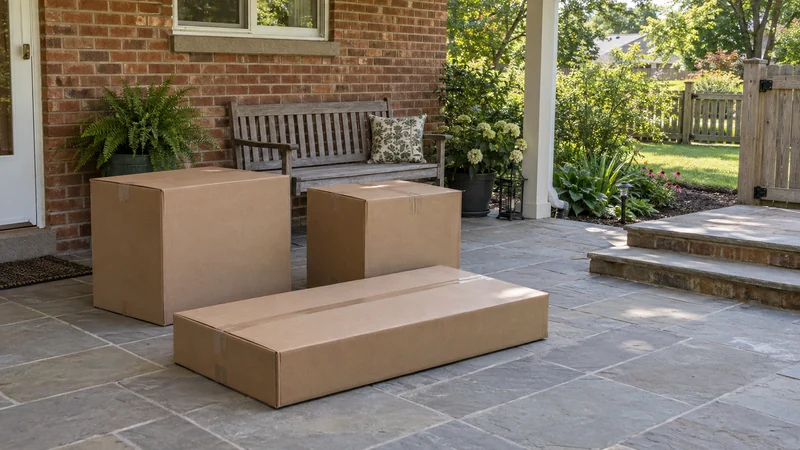 Separate arrival from first assembly Boxed outdoor furniture at a covered patio before first assembly