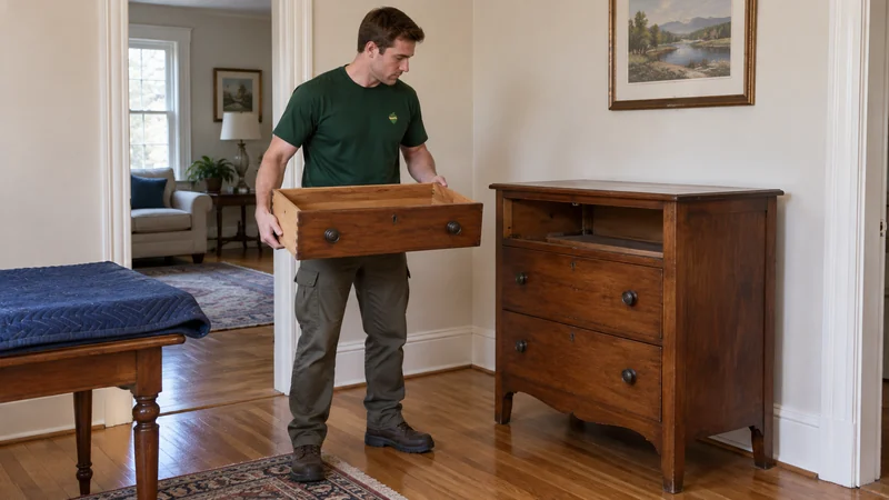Review the preparation of a secondhand piece A mover handling an emptied removable drawer before preparing a vintage chest for collection