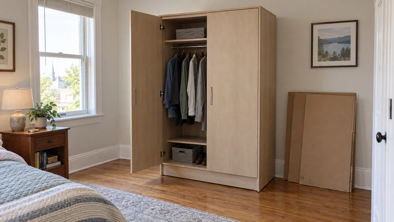 Describe the completed storage you need A newly assembled storage wardrobe placed in a room with a clear receiving route
