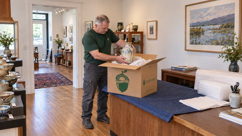 Prepare the gallery purchase for its route A mover lowering a protected pottery object into a correctly sized transport carton