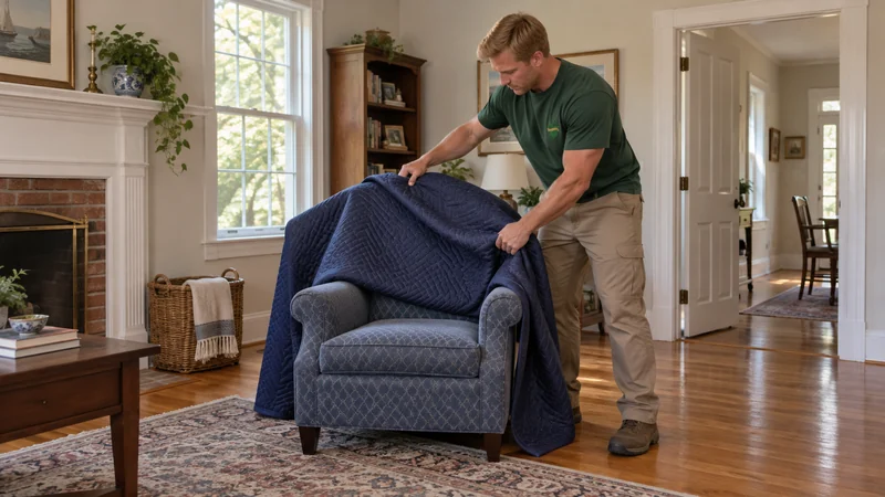 Prepare the piece for both properties A mover wrapping an armchair in a real protective quilt before collection