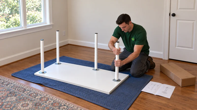 Review the model and assembly method A mover fitting the fourth threaded leg to a new desk according to its assembly method