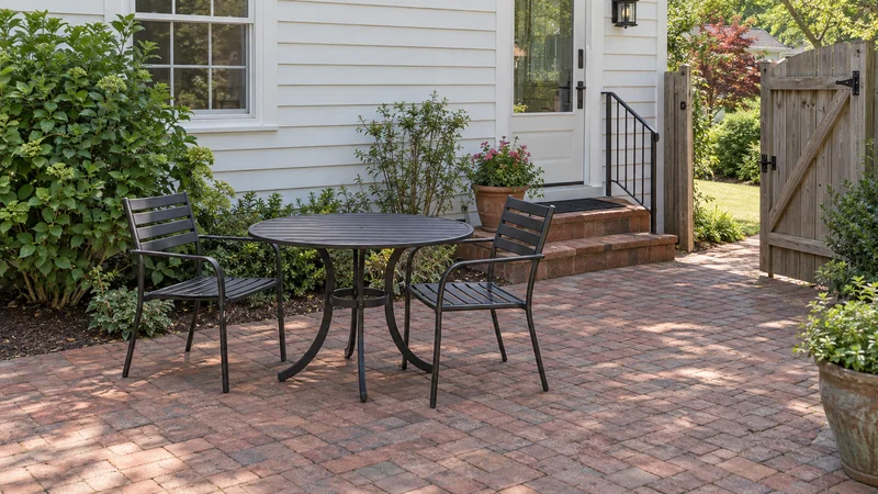 Show the outdoor destination An outdoor bistro set placed on a patio with an open receiving gate