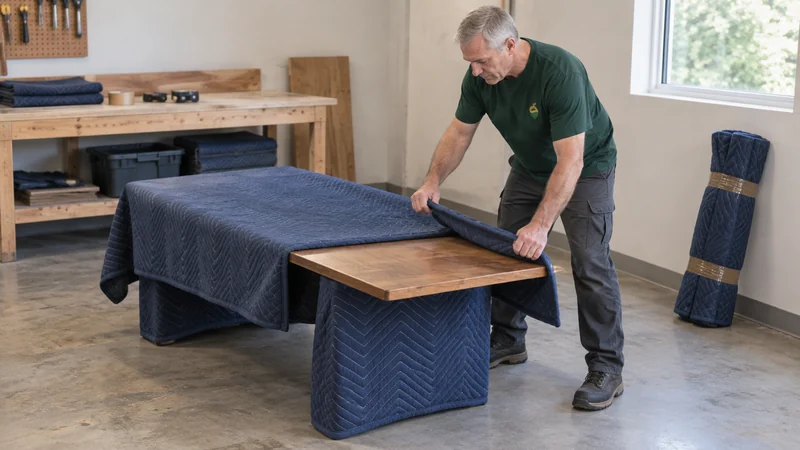 Review how the custom piece travels A mover protecting a detached custom tabletop before collection from a workshop
