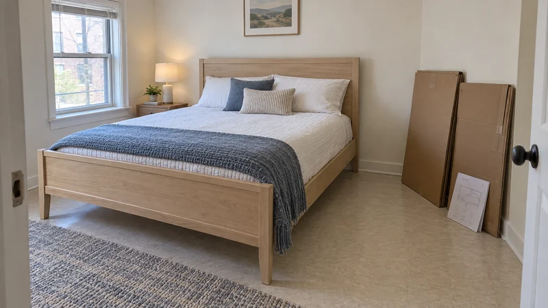 Include the first build of new furniture A newly assembled bed placed in a compact private apartment bedroom