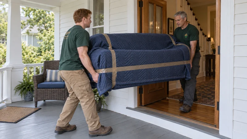 Finish the carry from porch to room Two movers carrying a protected sofa through an open porch doorway