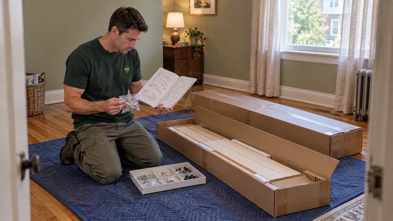 Plan the first assembly of boxed furniture A mover checking the hardware and instructions for newly delivered flat-pack furniture