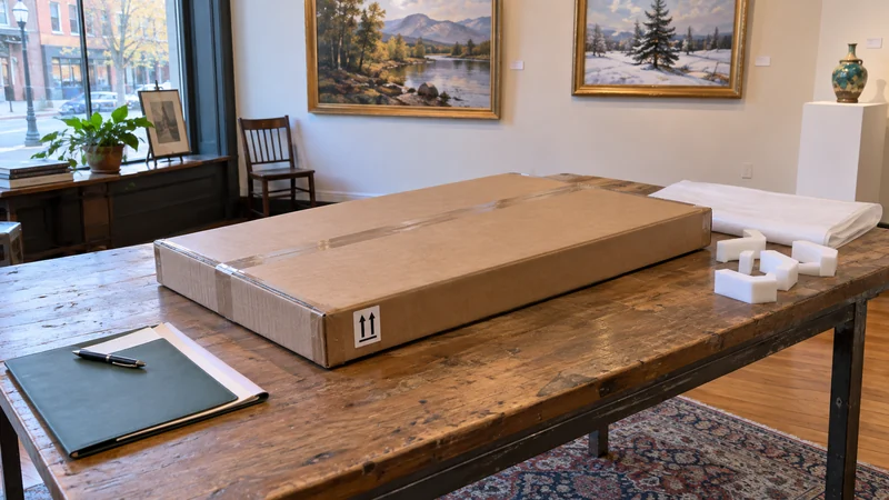 Confirm gallery release and protective packing A protected flat artwork package ready for collection in a gallery