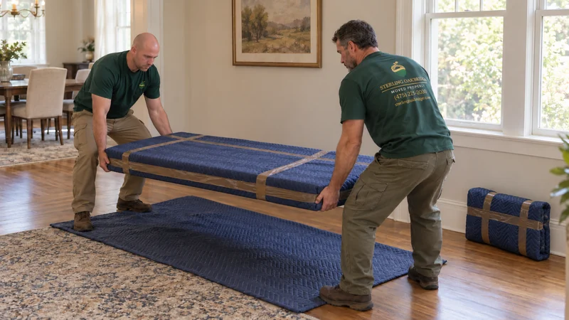 Two movers lowering a protected tabletop before reattaching its detached legs