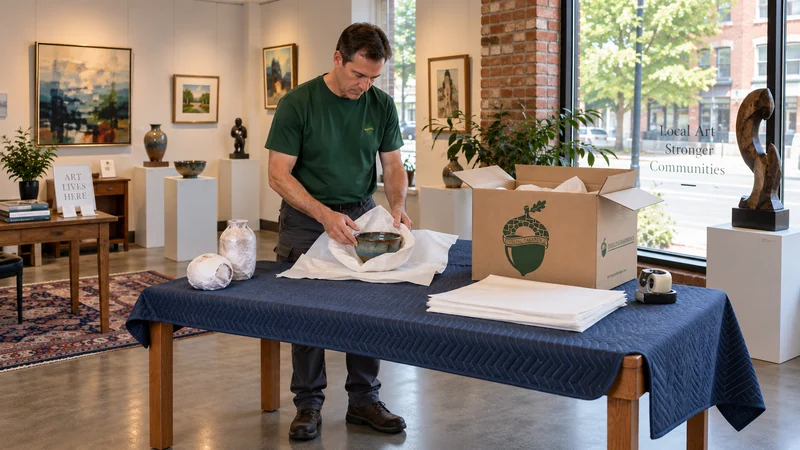A mover wrapping pottery purchases beside a correctly sized protective carton