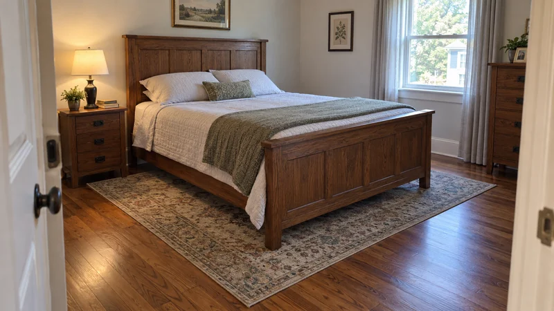 An assembled bed in its receiving room with a clear doorway route