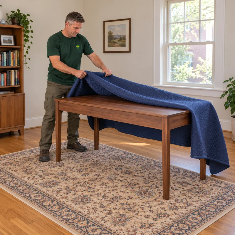 Unwrapping a desk after room delivery Mover gathering the loose delivery quilt from a grounded drawerless writing desk