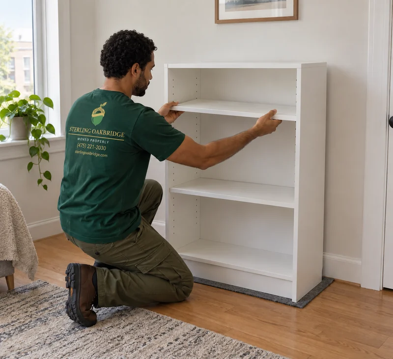 First assembly of a new white LACK table Mover fitting the second adjustable shelf into a newly assembled bookcase