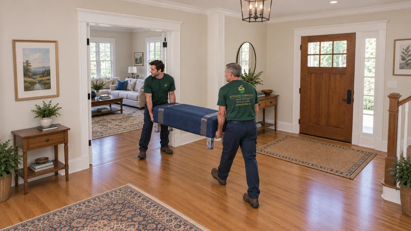 Carry the protected purchase to its receiving room Two movers supporting a protected upholstered bench at opposite ends during room delivery