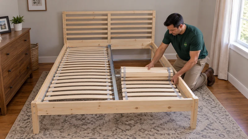 Review the actual first-assembly work A mover unrolling a supported second slatted half-base during first assembly of a bed