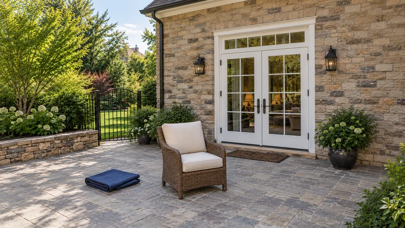 Include the complete outdoor route and placement A woven patio armchair at its terrace receiving position after delivery and unwrapping