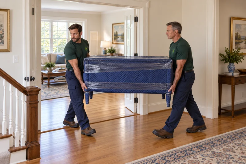 Review the route and agreed handling Two movers supporting a protected console at opposite ends during a room-delivery carry