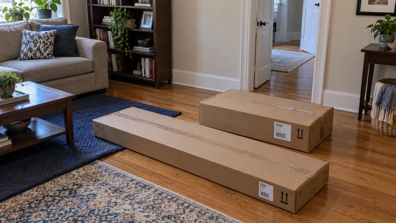 A new order can arrive as separate boxed components Two sealed furniture shipping cartons in a receiving room before unpacking and first assembly