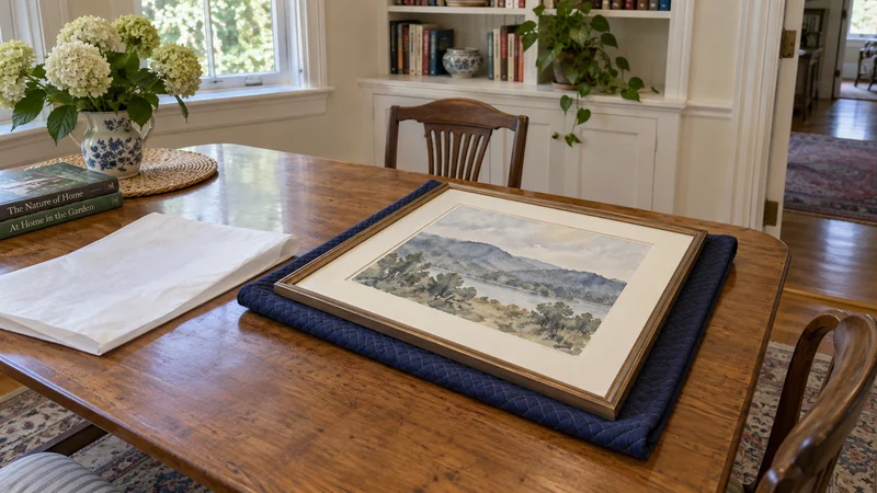 Agree the artwork protection and receiving position A framed landscape artwork supported on a padded table after receiving and unwrapping