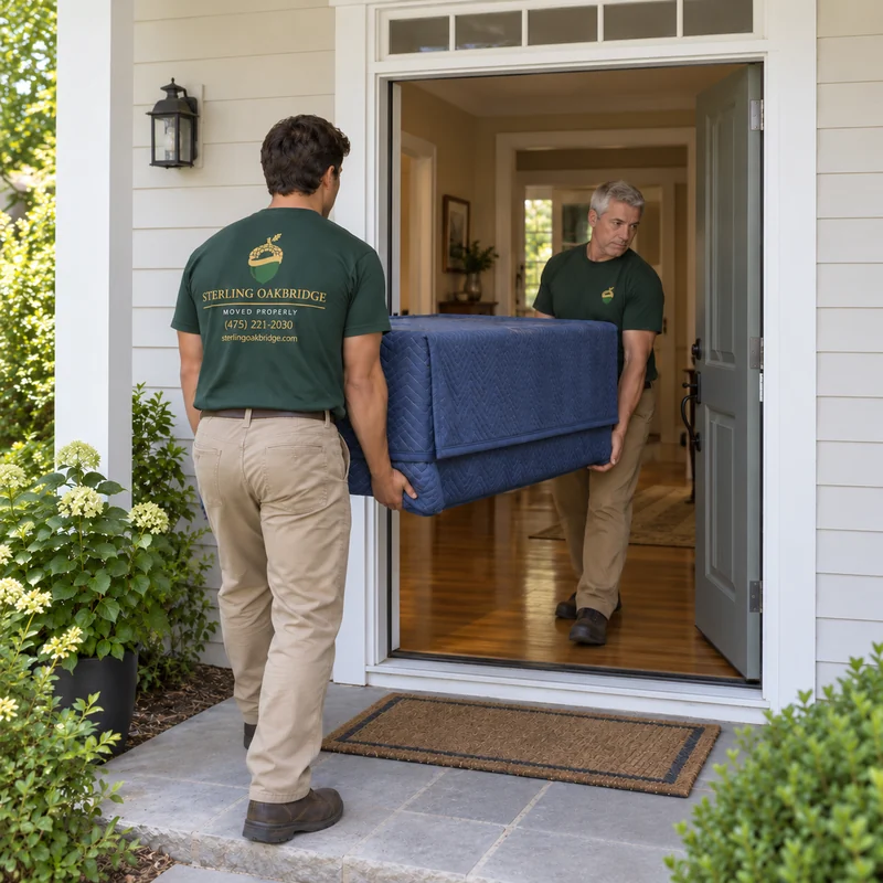 Protected cabinet through a home entrance Two movers carrying a protected low cabinet through a single house entrance