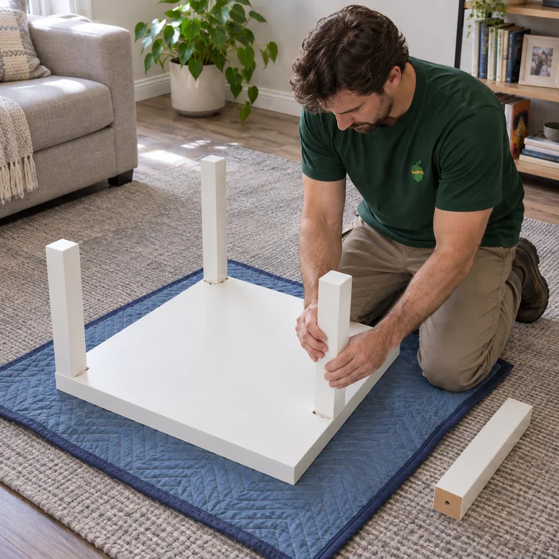 First side-table assembly from its real instructions Mover hand-turning a corner leg during first assembly of a white square side table