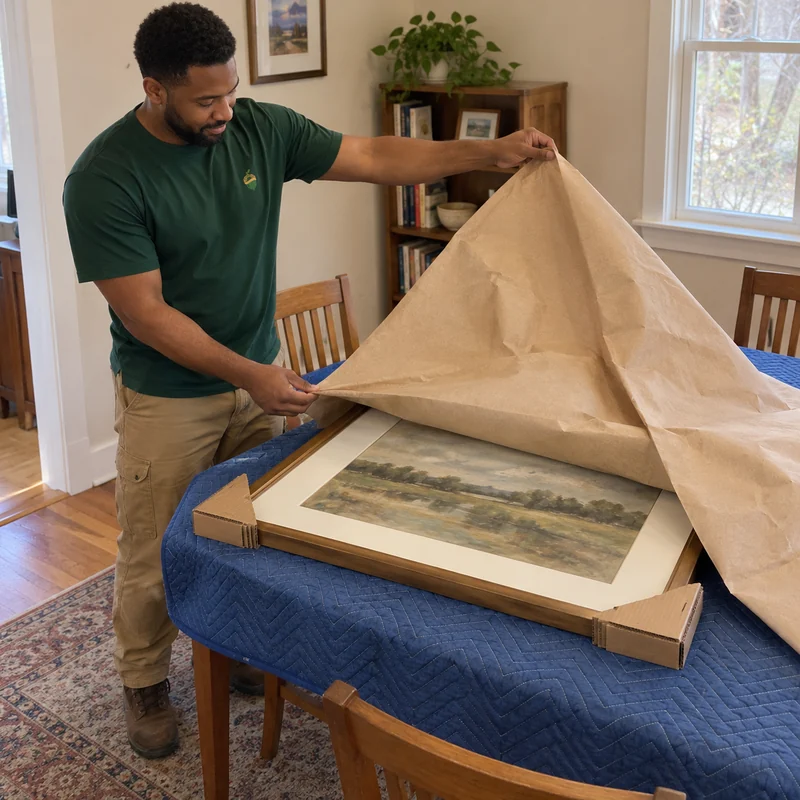 Unwrapping supported delivered framed artwork Mover lifting outer packing paper from a delivered framed artwork on a padded table
