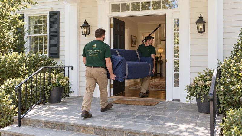 Two movers carrying a protected sofa through a complete house doorway Two movers carrying a protected sofa through a complete house doorway