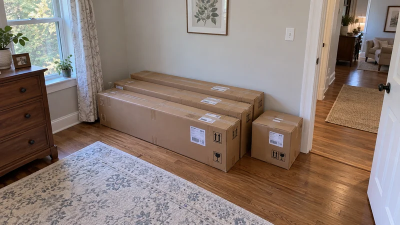 Closed flat-pack furniture shipping cartons in an apartment bedroom before assembly Closed flat-pack furniture shipping cartons in an apartment bedroom before assembly