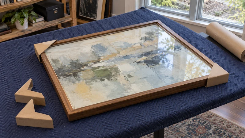 A framed picture supported on a padded table during unfinished corner protection A framed picture supported on a padded table during unfinished corner protection