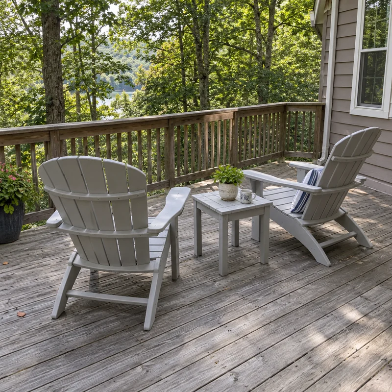 Agreed outdoor furniture positions on a deck Two outdoor chairs and a side table positioned on a clear residential deck