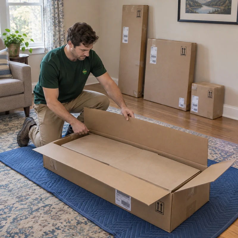 Opening a new panel order before first assembly Mover opening a furniture panel carton beside three closed packages