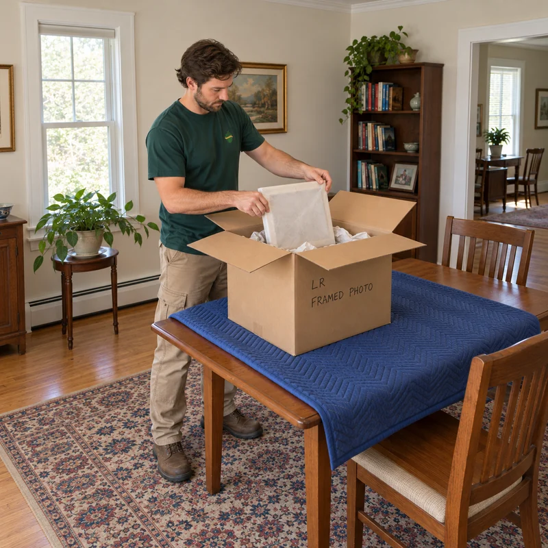 A small protected framed work in an ordinary carton Mover lowering a small paper-protected frame into a cushioned ordinary carton