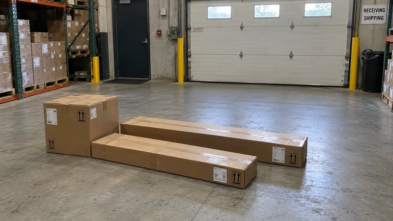 Confirm the actual warehouse release point Factory furniture cartons staged beside a clear warehouse pickup aisle