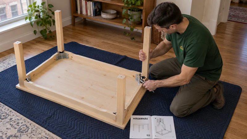 Check the real joint before assembly A mover tightening a real corner nut while assembling an inverted pine dining table