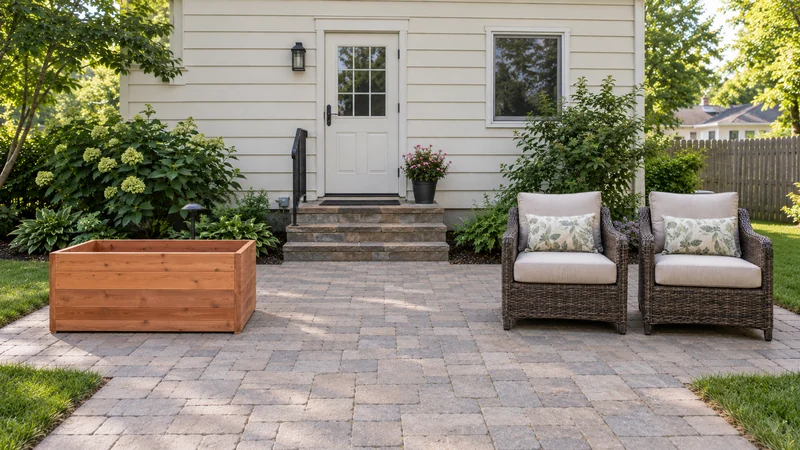 Plan where outdoor and garden purchases finish An empty cedar planter and outdoor chairs placed beside a clear patio entrance