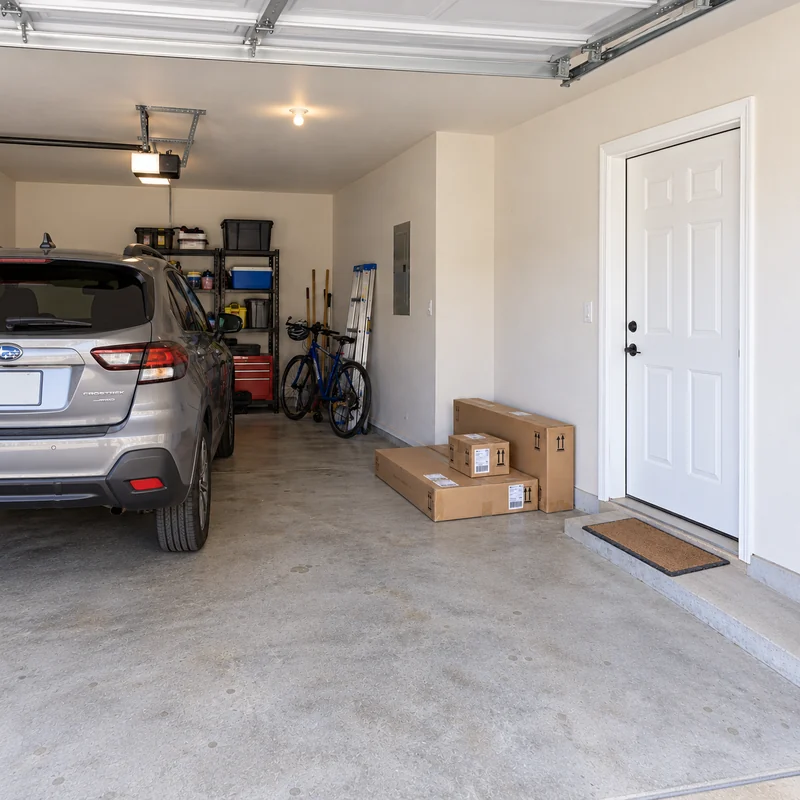 A delivered order awaiting its room carry Three sealed retail packages grouped beside a clear house entrance inside a customer garage