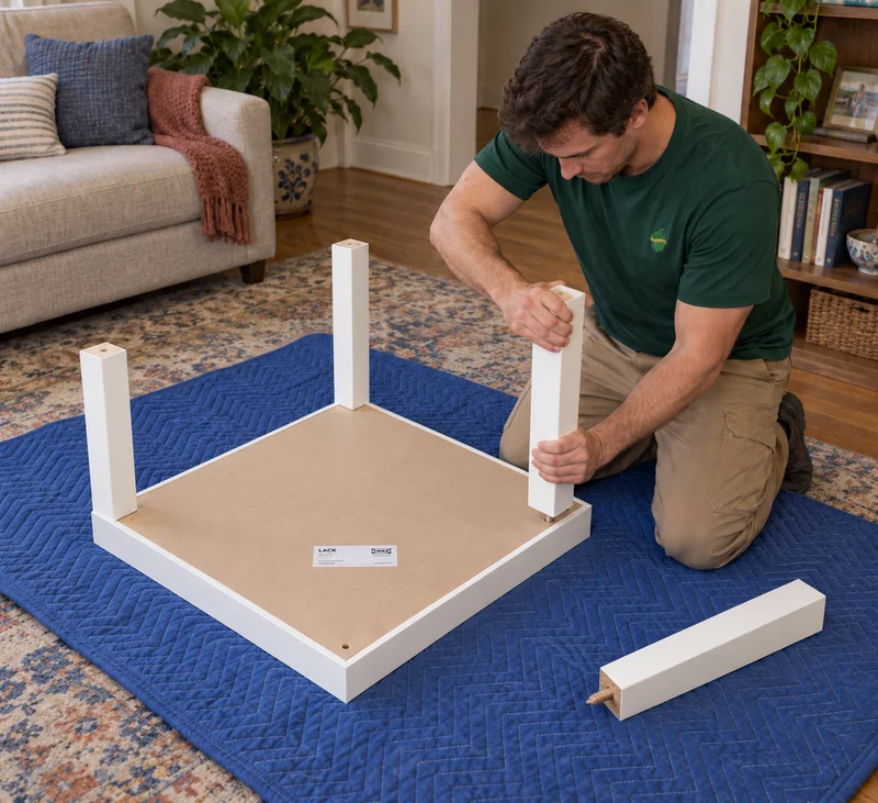 First assembly of a small new four-leg table Mover hand-turning a matching leg onto an inverted white four-leg side table beside its last detached leg