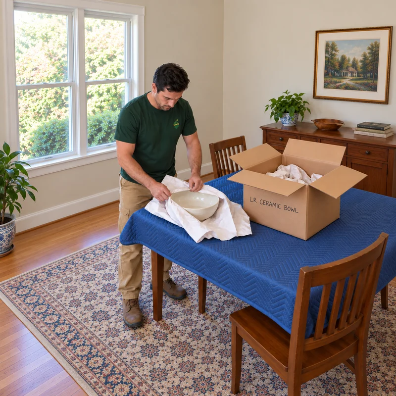 Paper protection for a small ceramic art purchase Mover folding packing paper around a ceramic bowl on a padded home table beside an ordinary carton