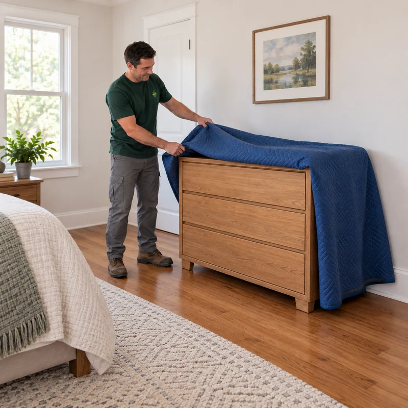 Unwrapping a new dresser after room delivery Mover lifting the loose delivery quilt from a stationary three-drawer dresser