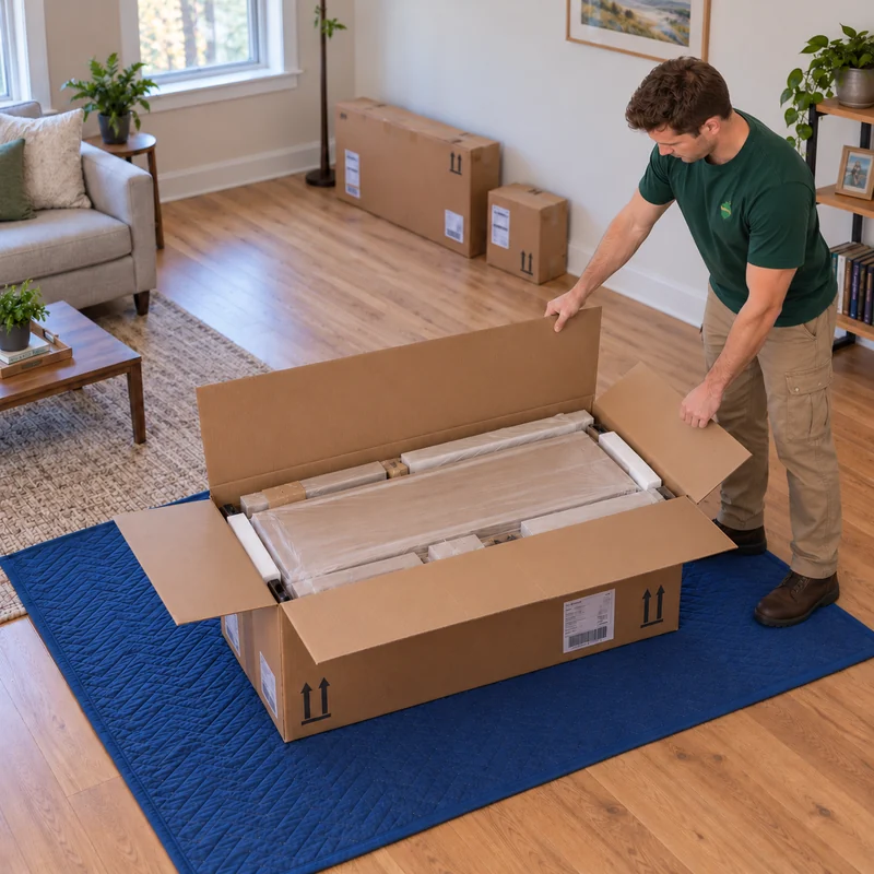 Opening a new panel order before first assembly Mover opening a new panel carton beside two closed companion packages