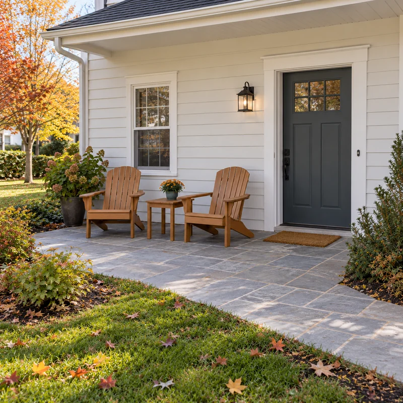 Completed outdoor placement beside a usable house entrance Two outdoor Adirondack chairs and a small table beside a clear patio entrance
