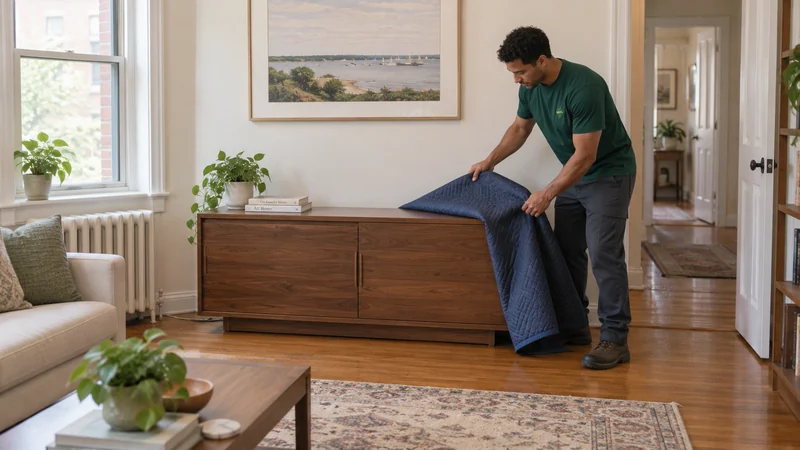 A mover removing a protective blanket from a media console after apartment delivery