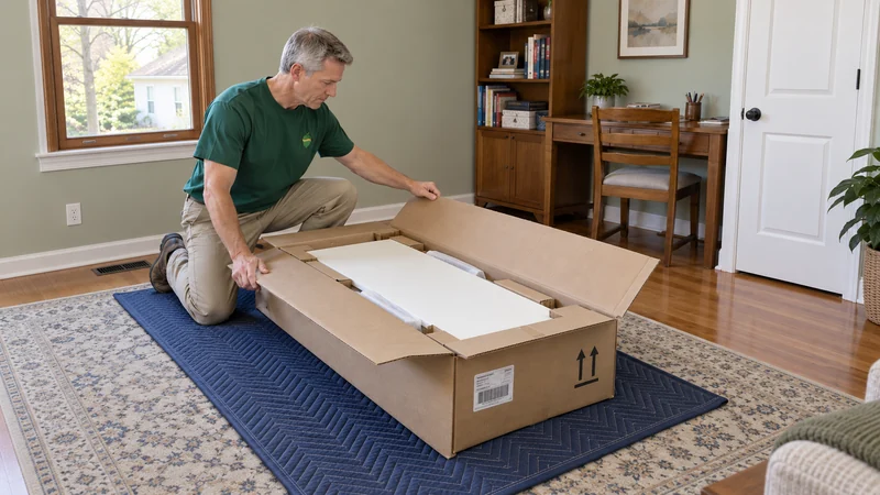 A mover opening a factory flat-pack furniture carton on a padded floor before assembly
