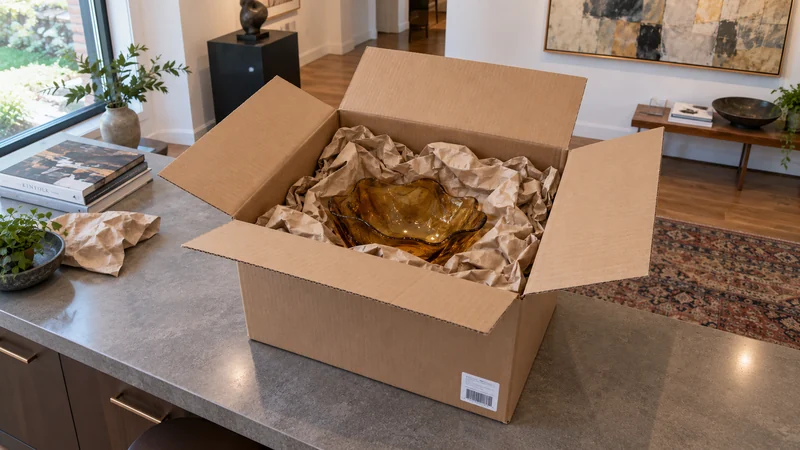 A small glass art object cushioned with crumpled packing paper in a rigid carton