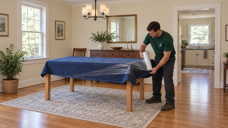A mover protecting an upright dining tabletop before its detachable legs are removed