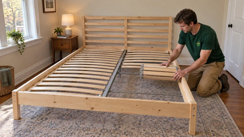 A mover fitting the second linked slat-base half during first assembly of a pine queen bed
