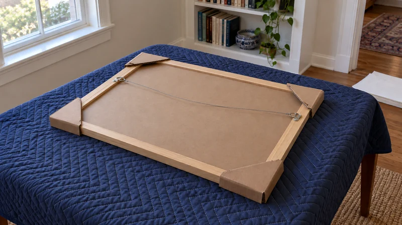 The back of a framed piece resting on a quilt with four corrugated corner protectors during packing preparation