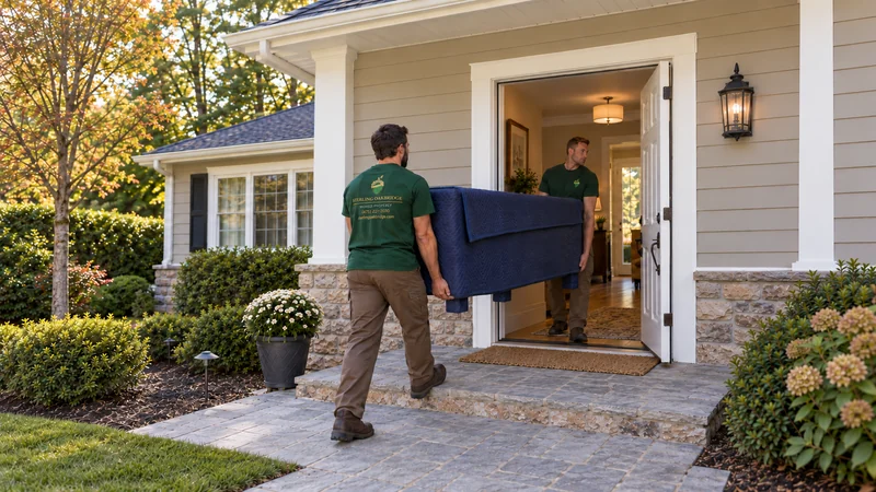 Two movers carrying a fully protected dresser through a complete house entrance Two movers carrying a fully protected dresser through a complete house entrance