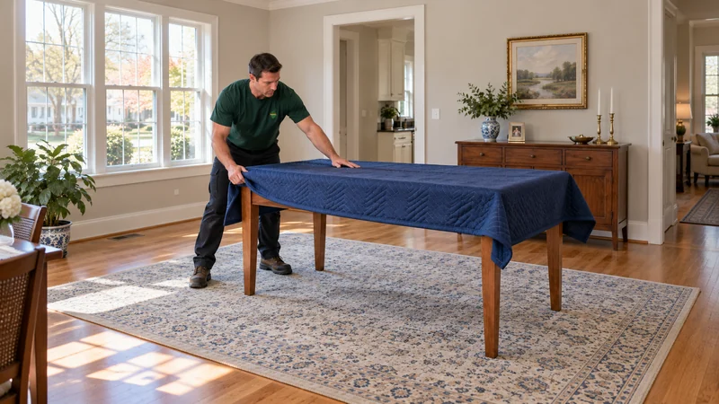 A mover protecting an assembled dining tabletop before any reviewed leg removal A mover protecting an assembled dining tabletop before any reviewed leg removal